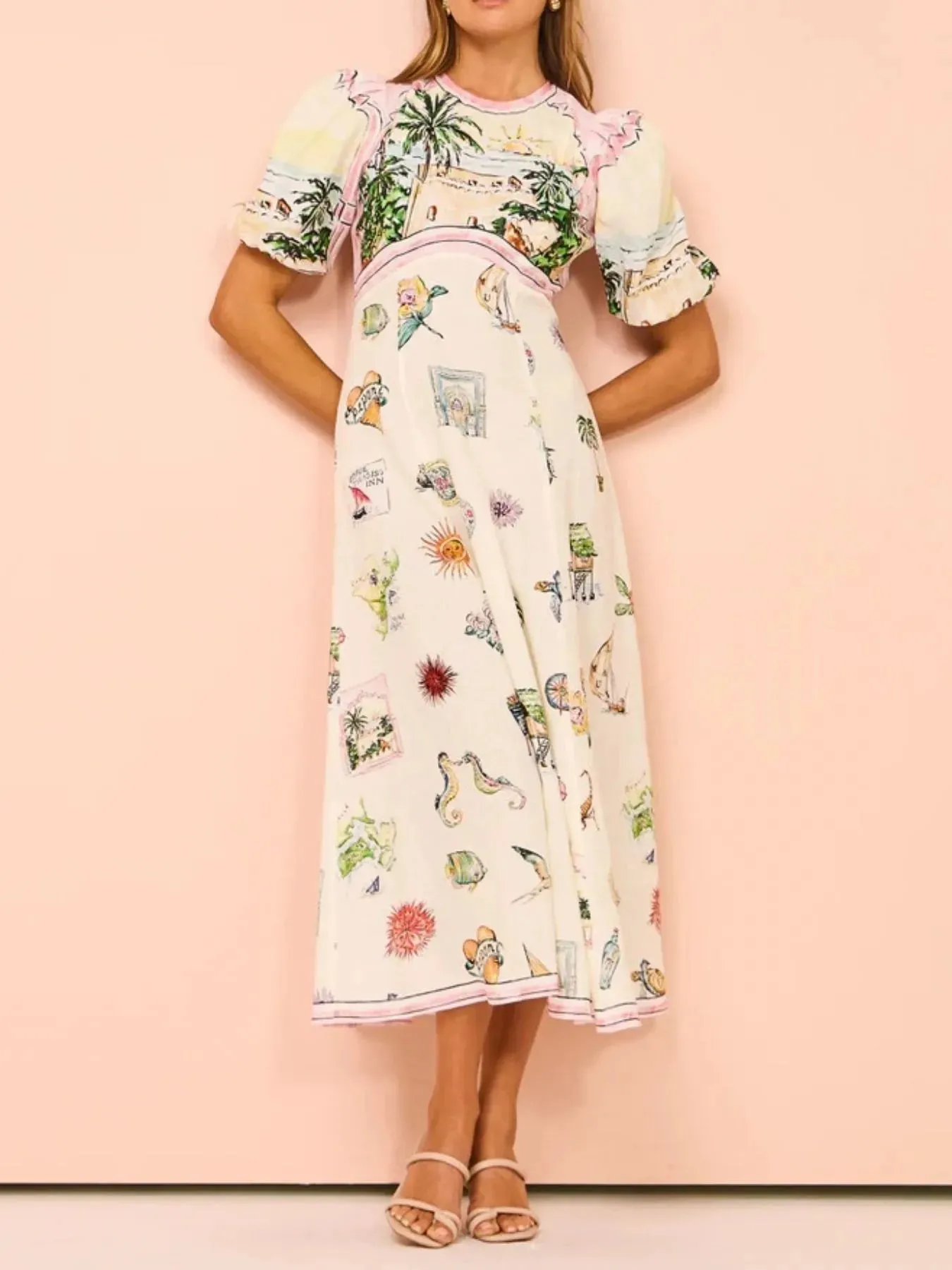 Printed Round Neck Puff Sleeve Midi Dress sold by Charming Charlie