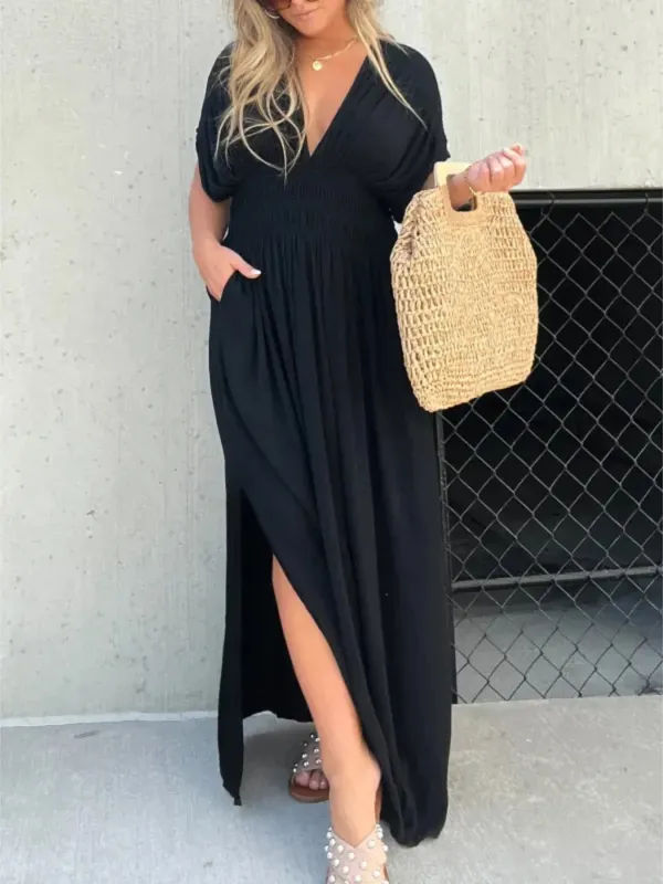 Full Size Deep V-Neck Maxi Dress with Side Slit Plus Size sold by Charming Charlie
