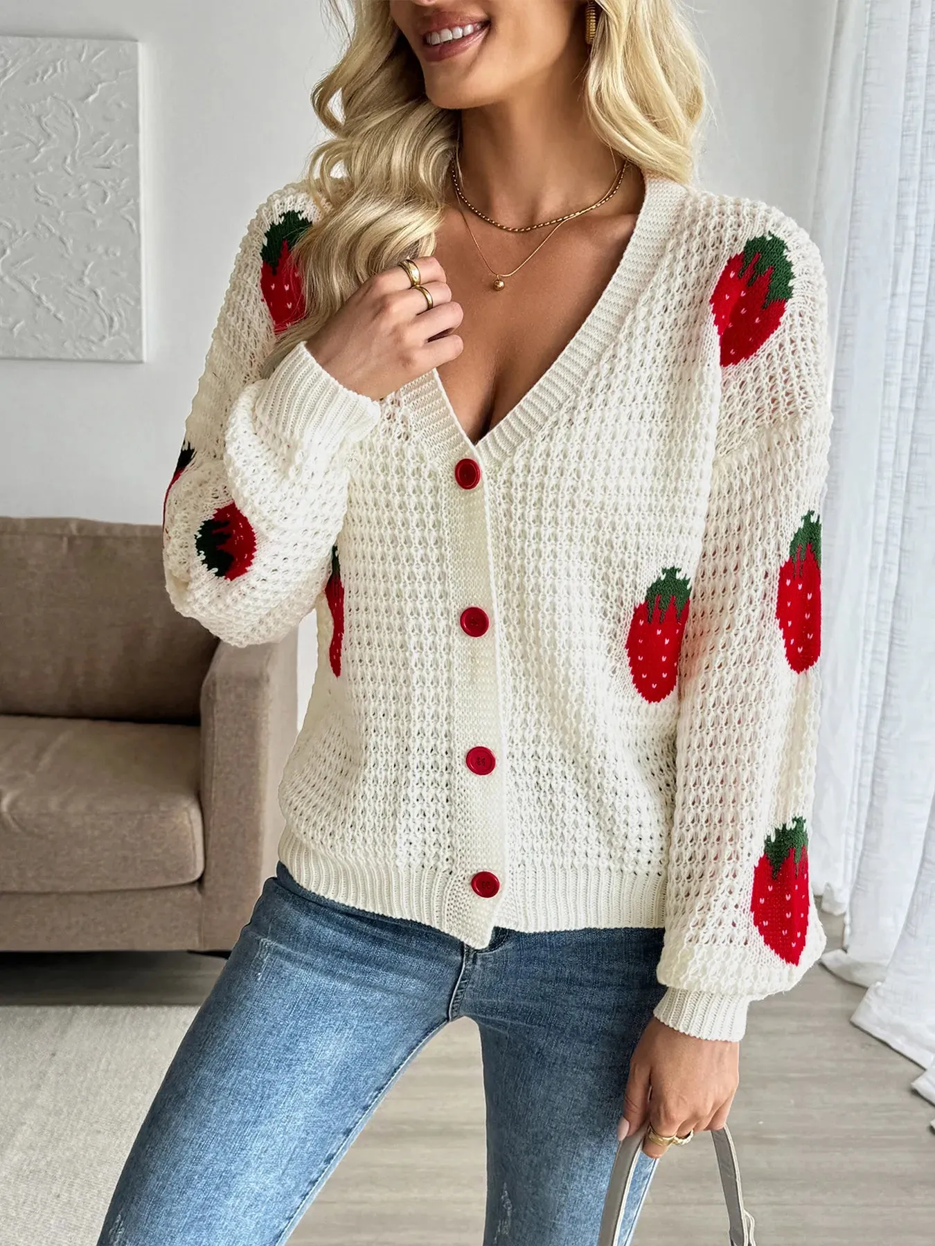 Strawberry Pattern V-Neck Button-Up Cardigan sold by Charming Charlie product image thumbnail 3