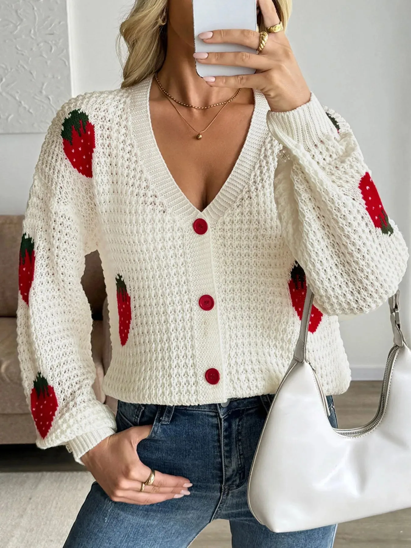 Strawberry Pattern V-Neck Button-Up Cardigan sold by Charming Charlie product image thumbnail 5