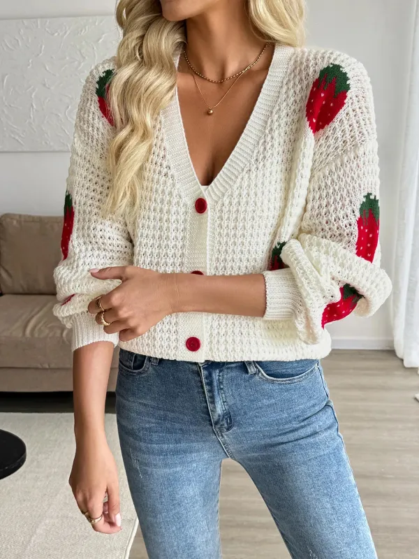 Strawberry Pattern V-Neck Button-Up Cardigan sold by Charming Charlie