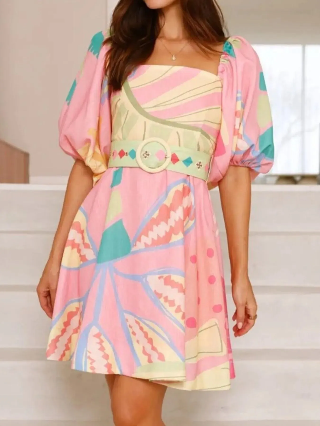 Colorful Print Belted Mini Dress with Puff Sleeves sold by Charming Charlie product image thumbnail 5
