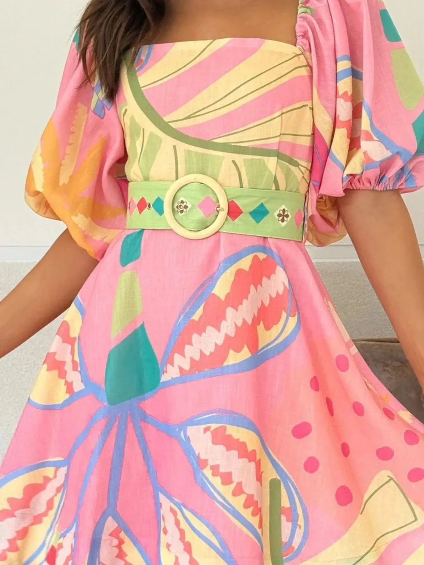 Colorful Print Belted Mini Dress with Puff Sleeves sold by Charming Charlie product image thumbnail 2