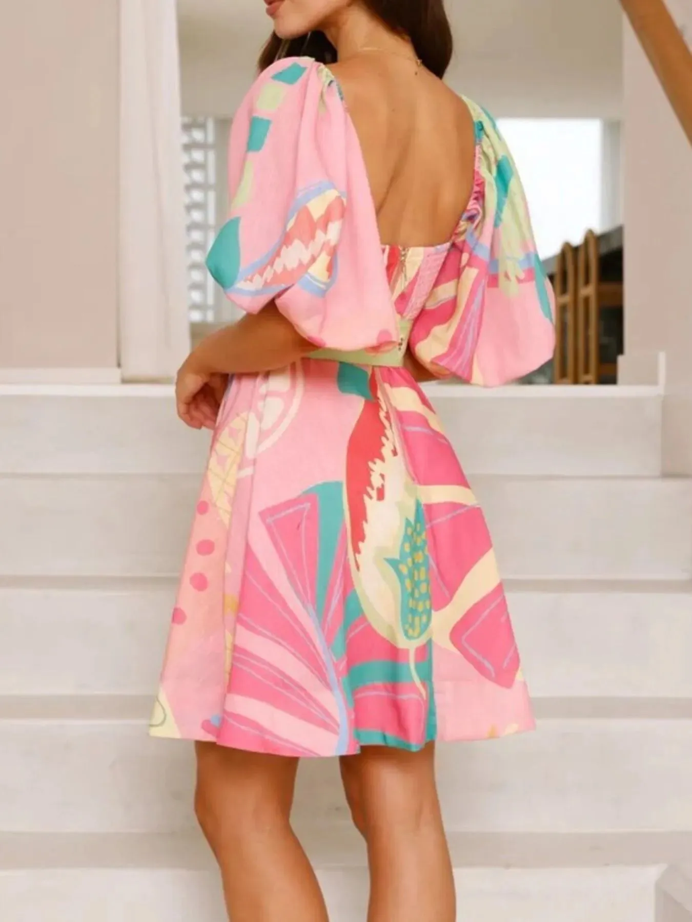 Colorful Print Belted Mini Dress with Puff Sleeves sold by Charming Charlie product image thumbnail 3