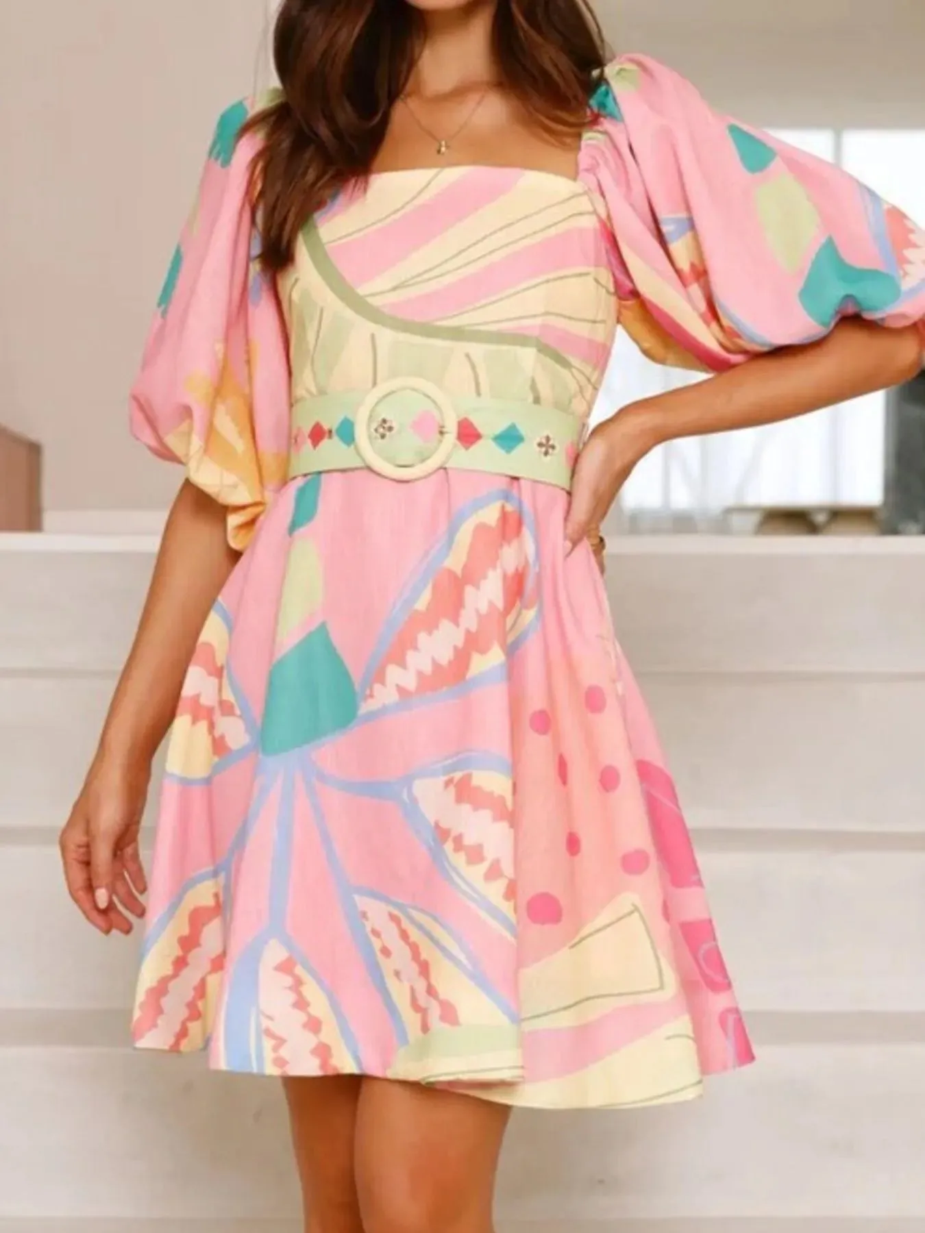 Colorful Print Belted Mini Dress with Puff Sleeves sold by Charming Charlie product image thumbnail 4