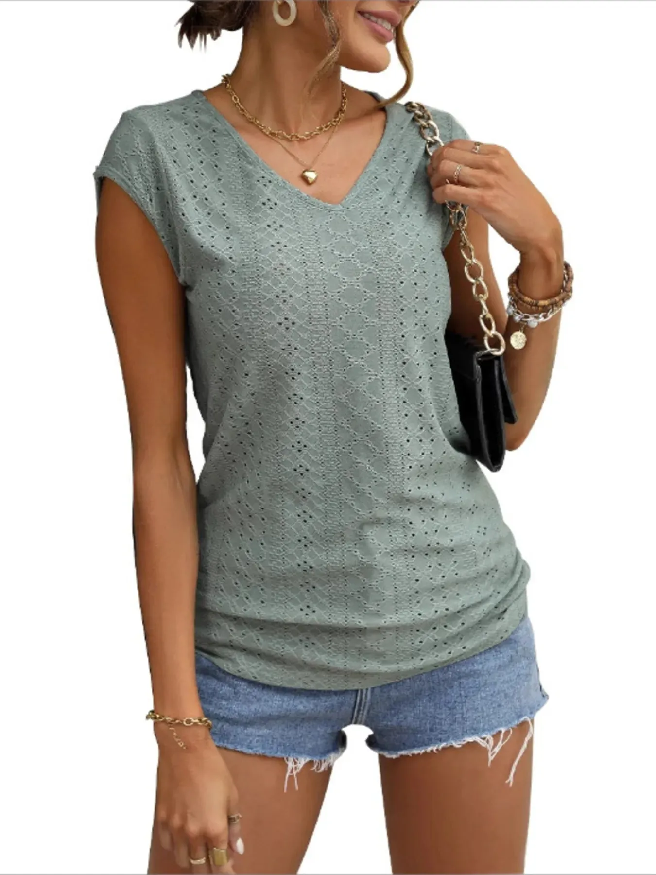 Eyelet V-Neck Cap Sleeve T-Shirt sold by Charming Charlie product image thumbnail 3