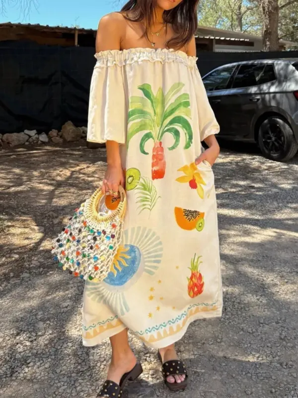 Frill Printed Off-Shoulder Dress sold by Charming Charlie