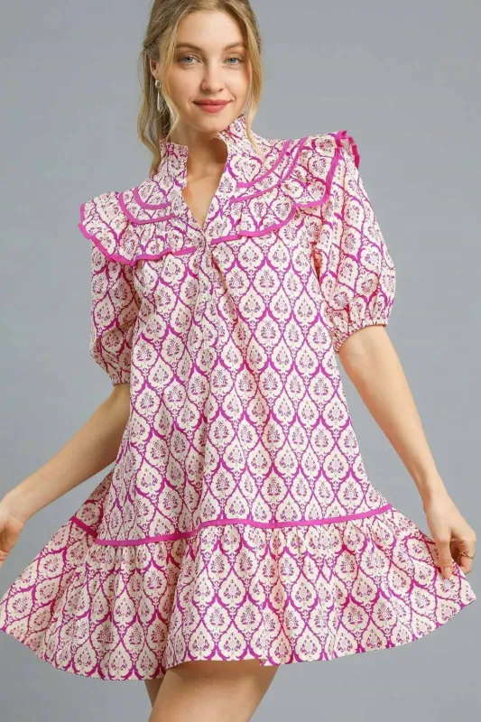 Umgee Ruffled Printed Puff Sleeve Mini Dress sold by Charming Charlie