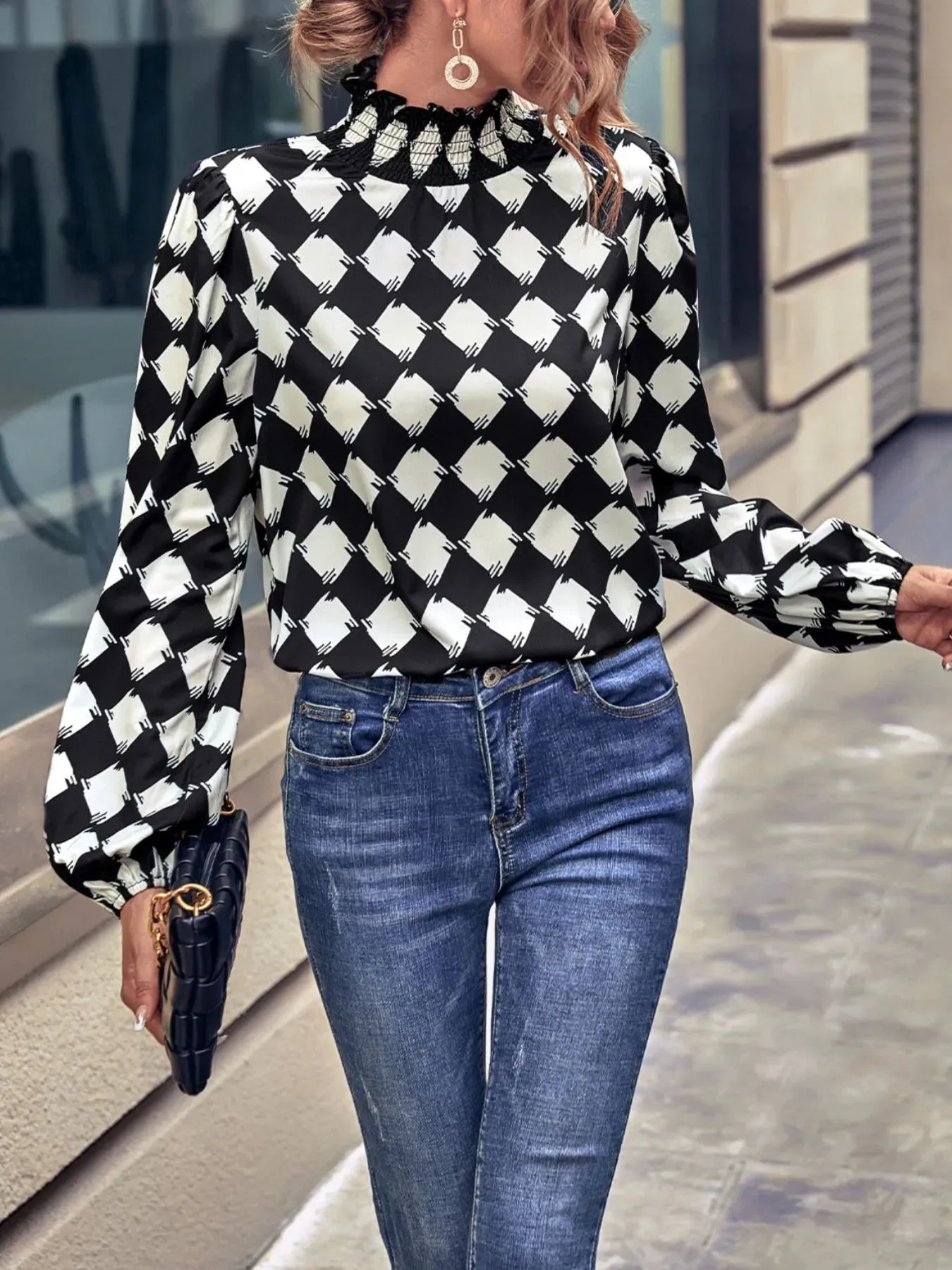 Checkered Pattern Balloon Sleeve Blouse sold by Charming Charlie