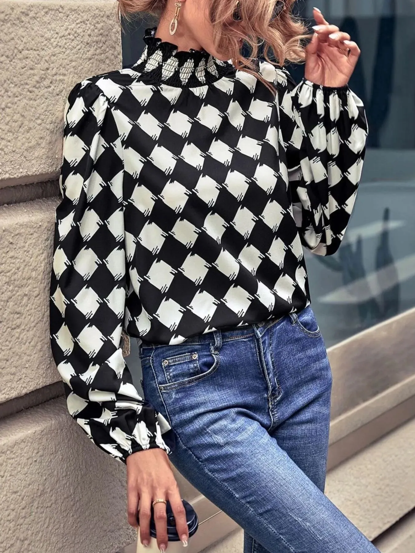 Checkered Pattern Balloon Sleeve Blouse sold by Charming Charlie product image thumbnail 2