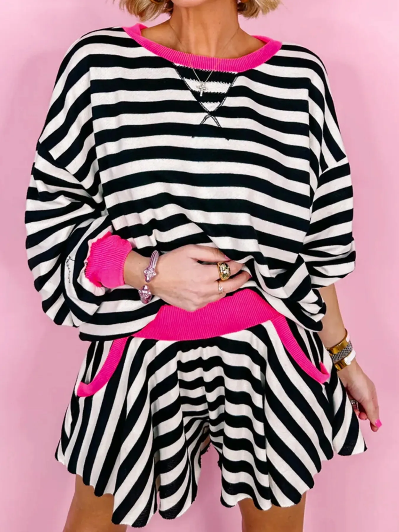 Stripe Contrast Ribbed Banding Long Sleeve Blouse and Loose Shorts Set sold by Charming Charlie