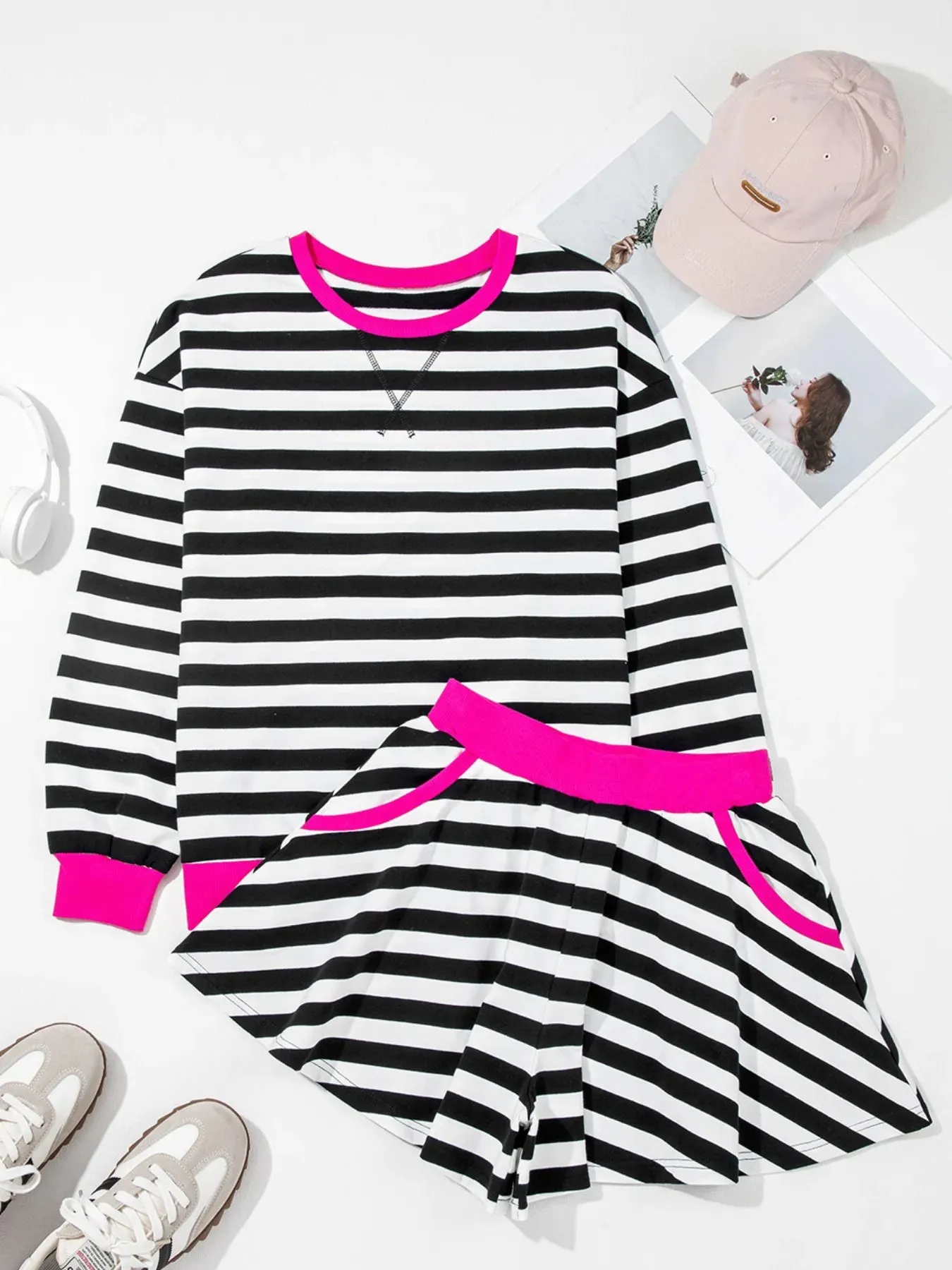 Stripe Contrast Ribbed Banding Long Sleeve Blouse and Loose Shorts Set sold by Charming Charlie product image thumbnail 5