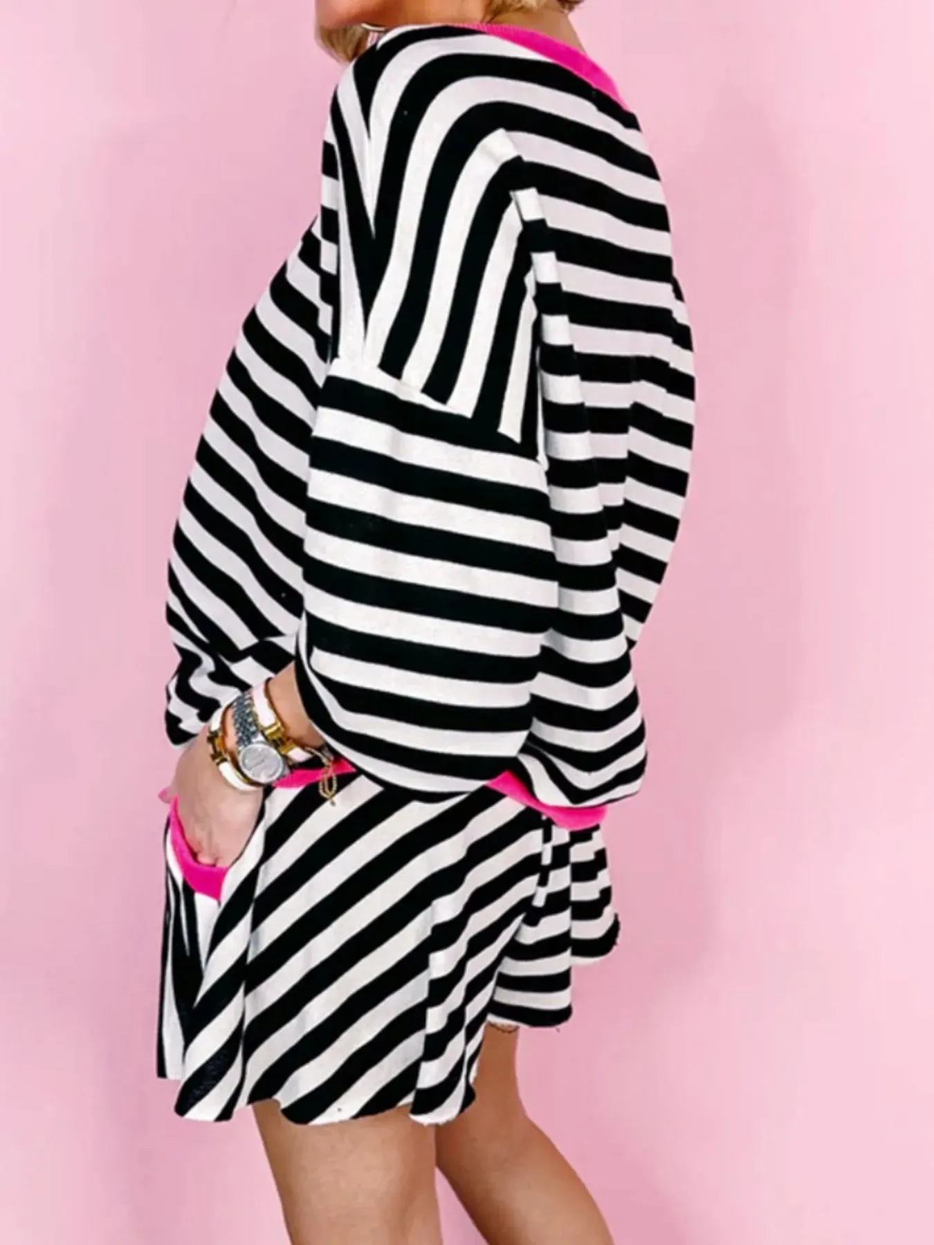 Stripe Contrast Ribbed Banding Long Sleeve Blouse and Loose Shorts Set sold by Charming Charlie product image thumbnail 3