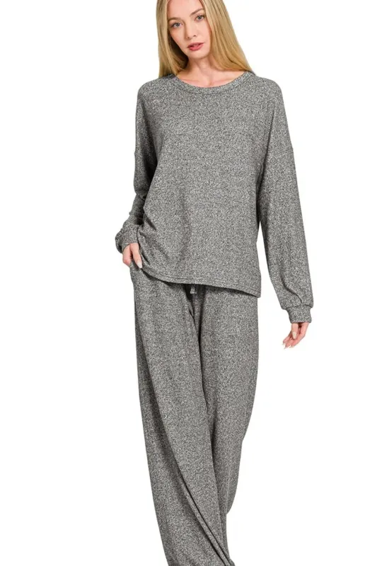 Zenana Soft Melange Hacci Long Slv Tee & Pants Set sold by Charming Charlie