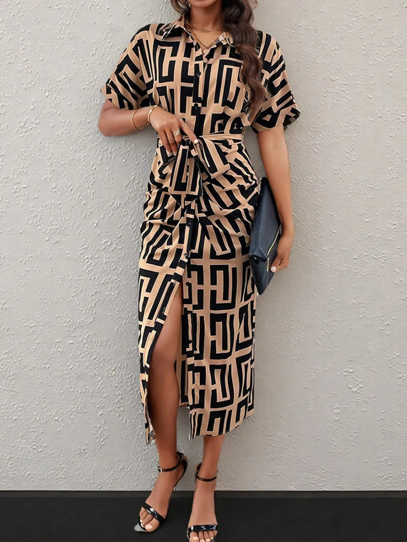 Geometric Print Belted Midi Dress sold by Charming Charlie