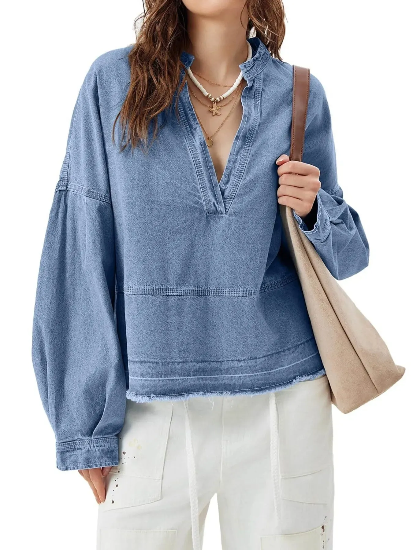 Raw Hem Long Sleeve Denim Top sold by Charming Charlie product image thumbnail 5