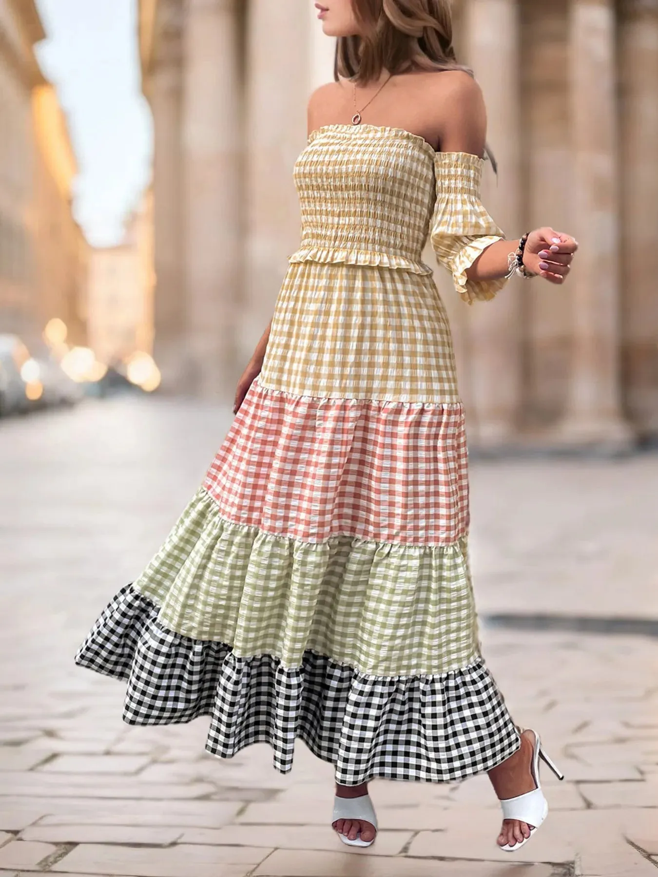 Color Block Plaid Off-Shoulder Maxi Dress sold by Charming Charlie product image thumbnail 4