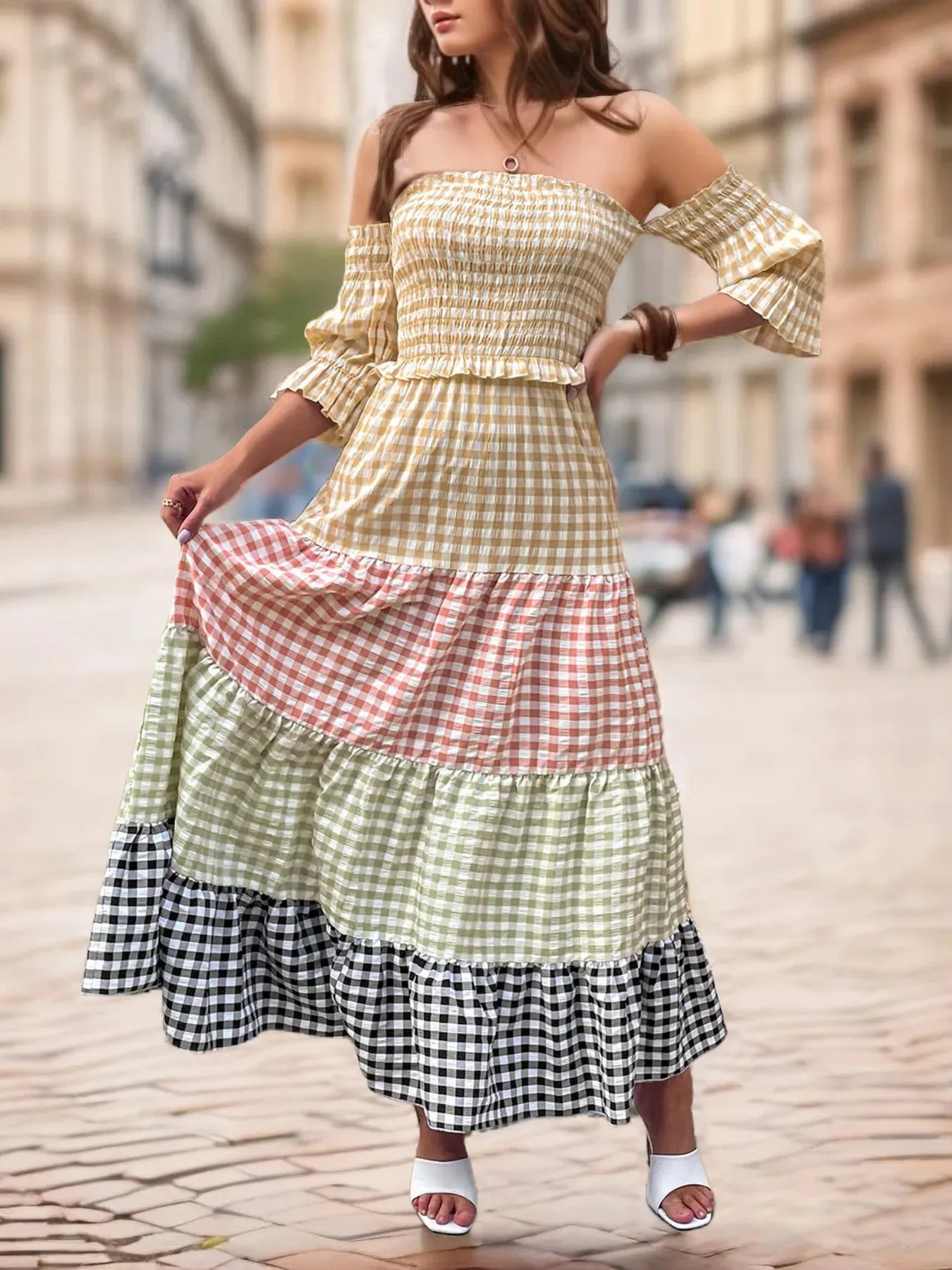 Color Block Plaid Off-Shoulder Maxi Dress sold by Charming Charlie