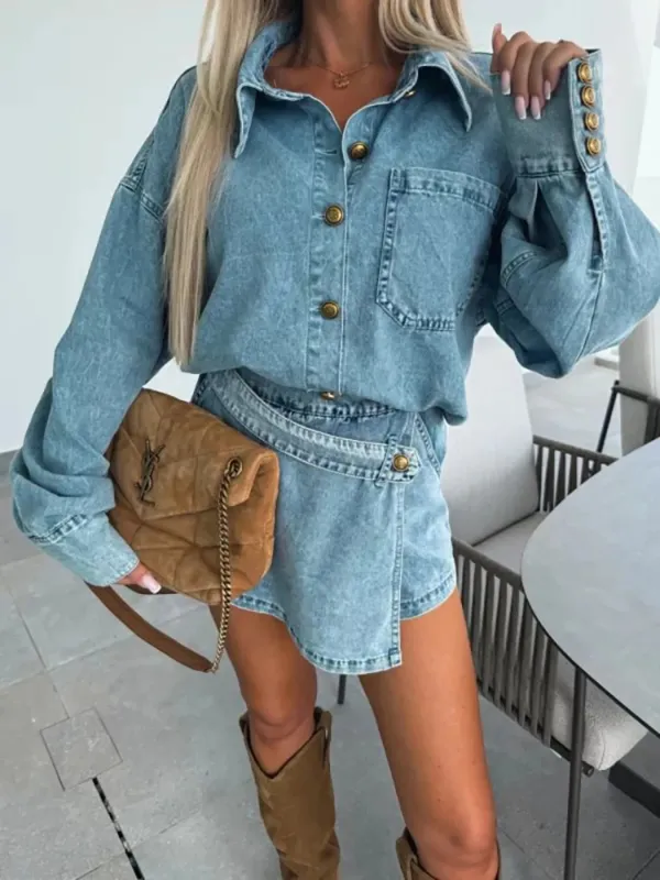 Button-Front Shirt and Mini Skirt Oversized Denim Set sold by Charming Charlie