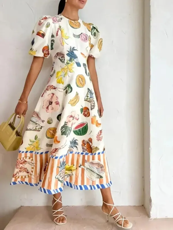 Printed Round Neck Puff Sleeve Dress sold by Charming Charlie