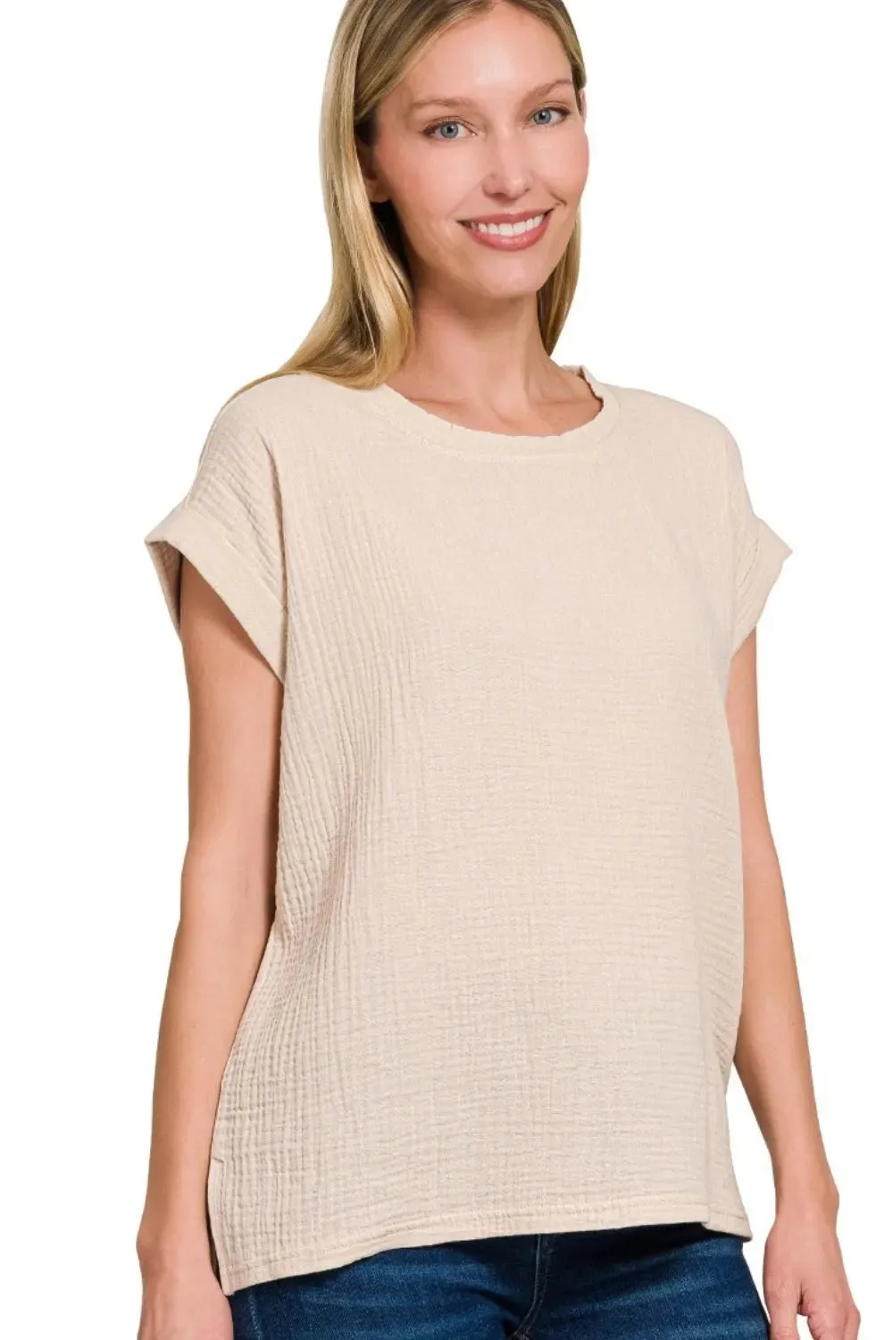 Zenana Double Gauze Round Neck Folded Short Sleeve Top sold by Charming Charlie