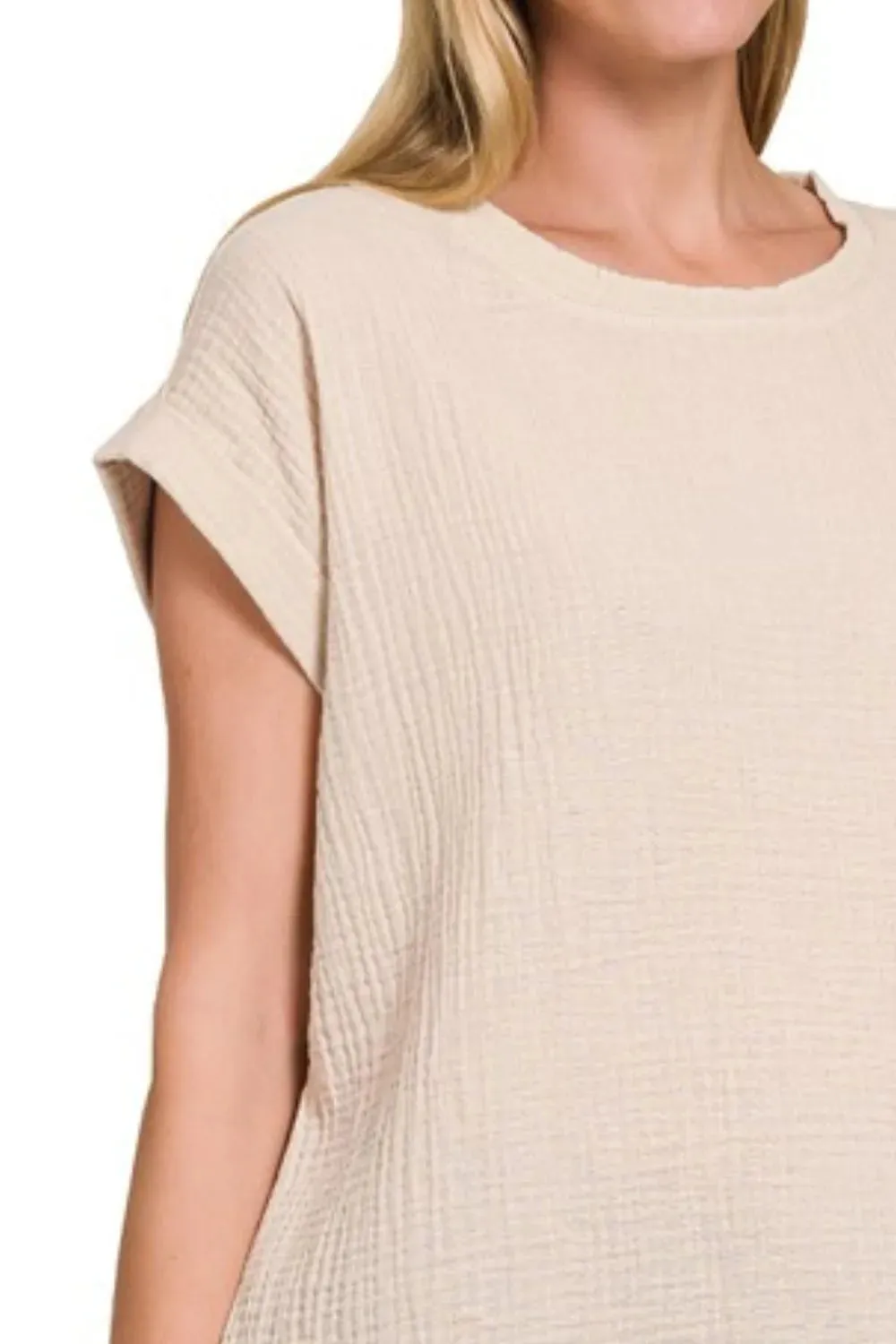 Zenana Double Gauze Round Neck Folded Short Sleeve Top sold by Charming Charlie product image thumbnail 3