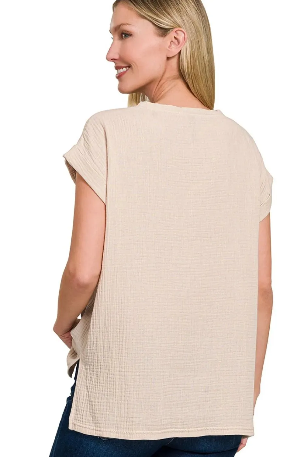 Zenana Double Gauze Round Neck Folded Short Sleeve Top sold by Charming Charlie product image thumbnail 2