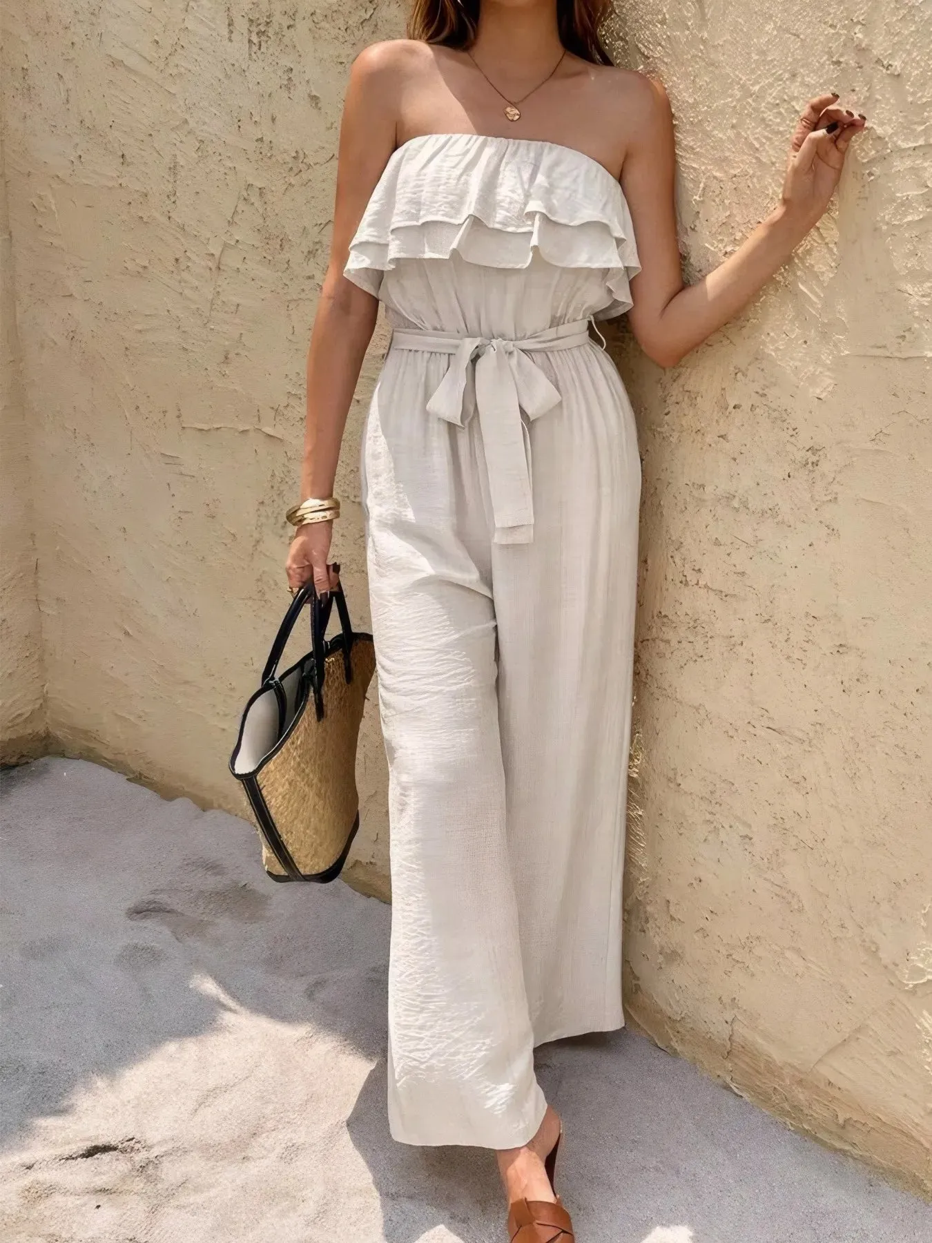 Off-Shoulder Ruffled Wide Leg Jumpsuit sold by Charming Charlie product image thumbnail 4