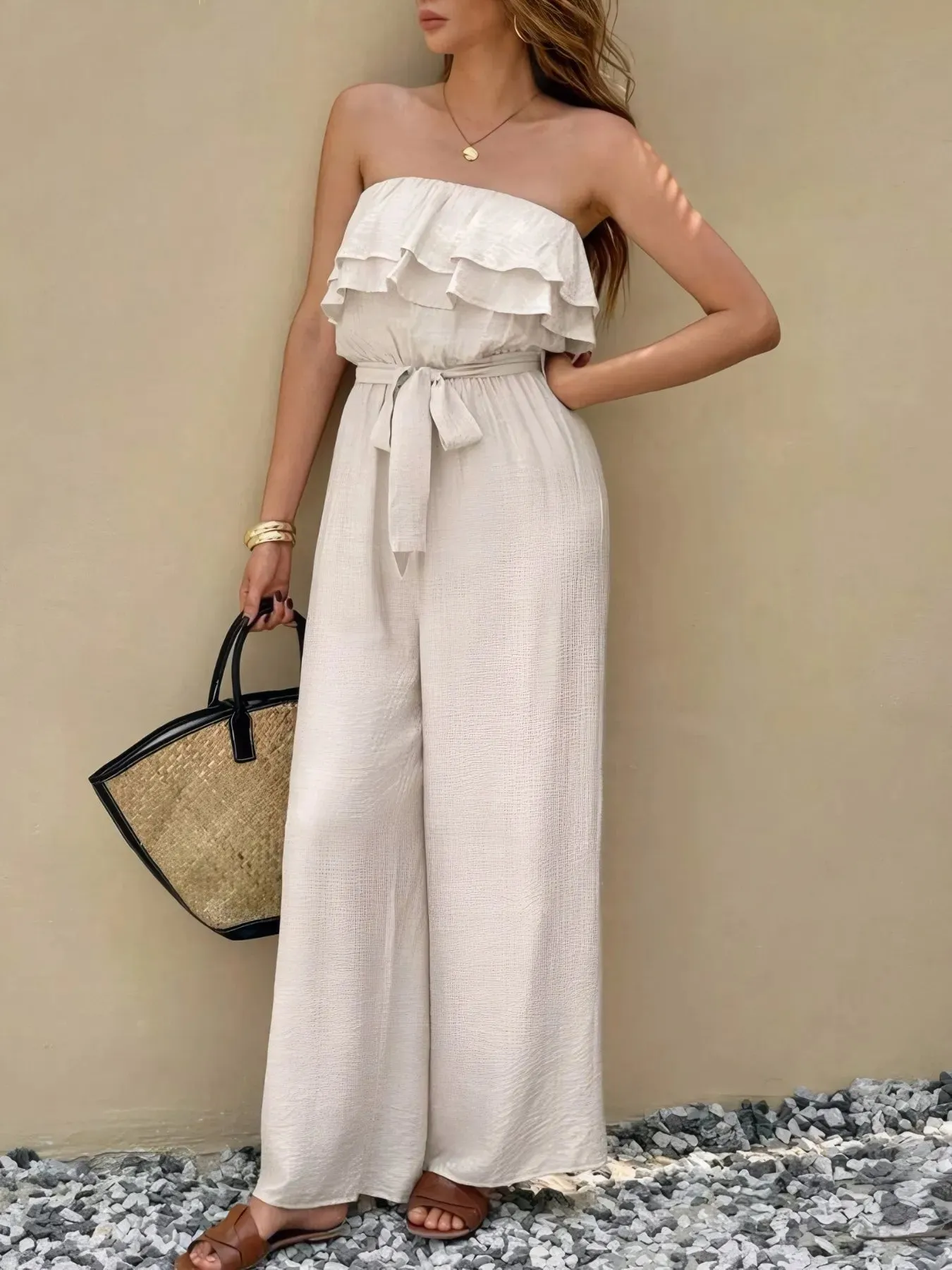 Off-Shoulder Ruffled Wide Leg Jumpsuit sold by Charming Charlie product image thumbnail 3