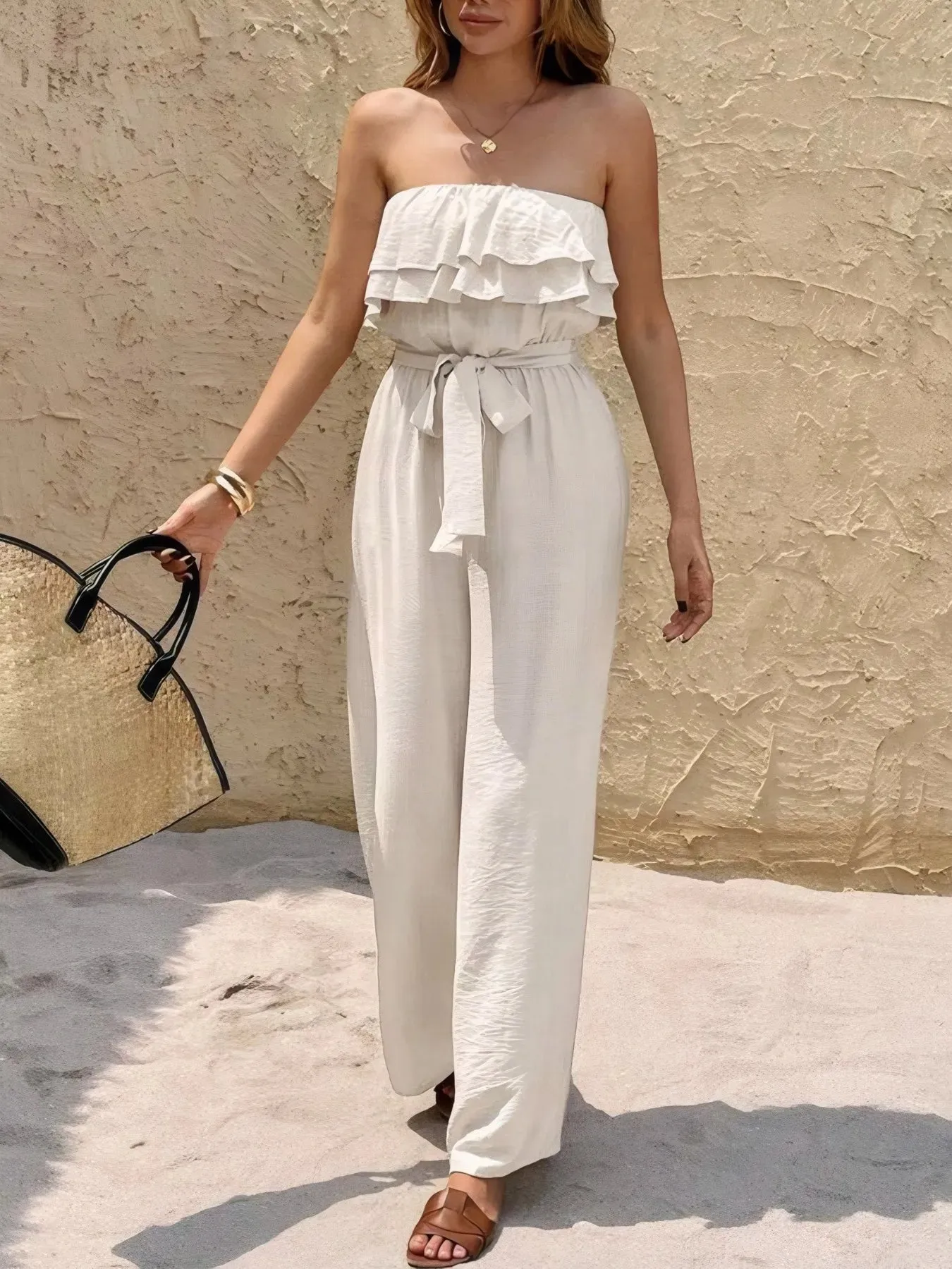 Off-Shoulder Ruffled Wide Leg Jumpsuit sold by Charming Charlie product image thumbnail 5