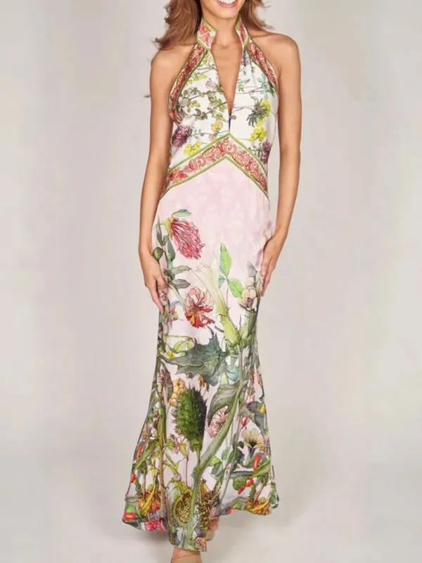 Printed Halter Neck Backless Maxi Dress sold by Charming Charlie