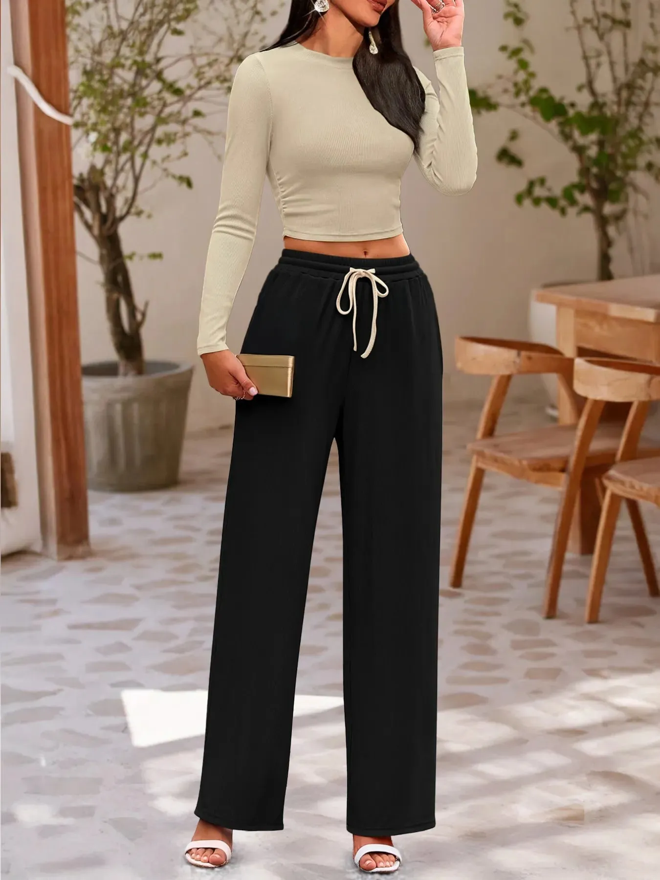 Round Neck Long Sleeve Top and Pants Set sold by Charming Charlie