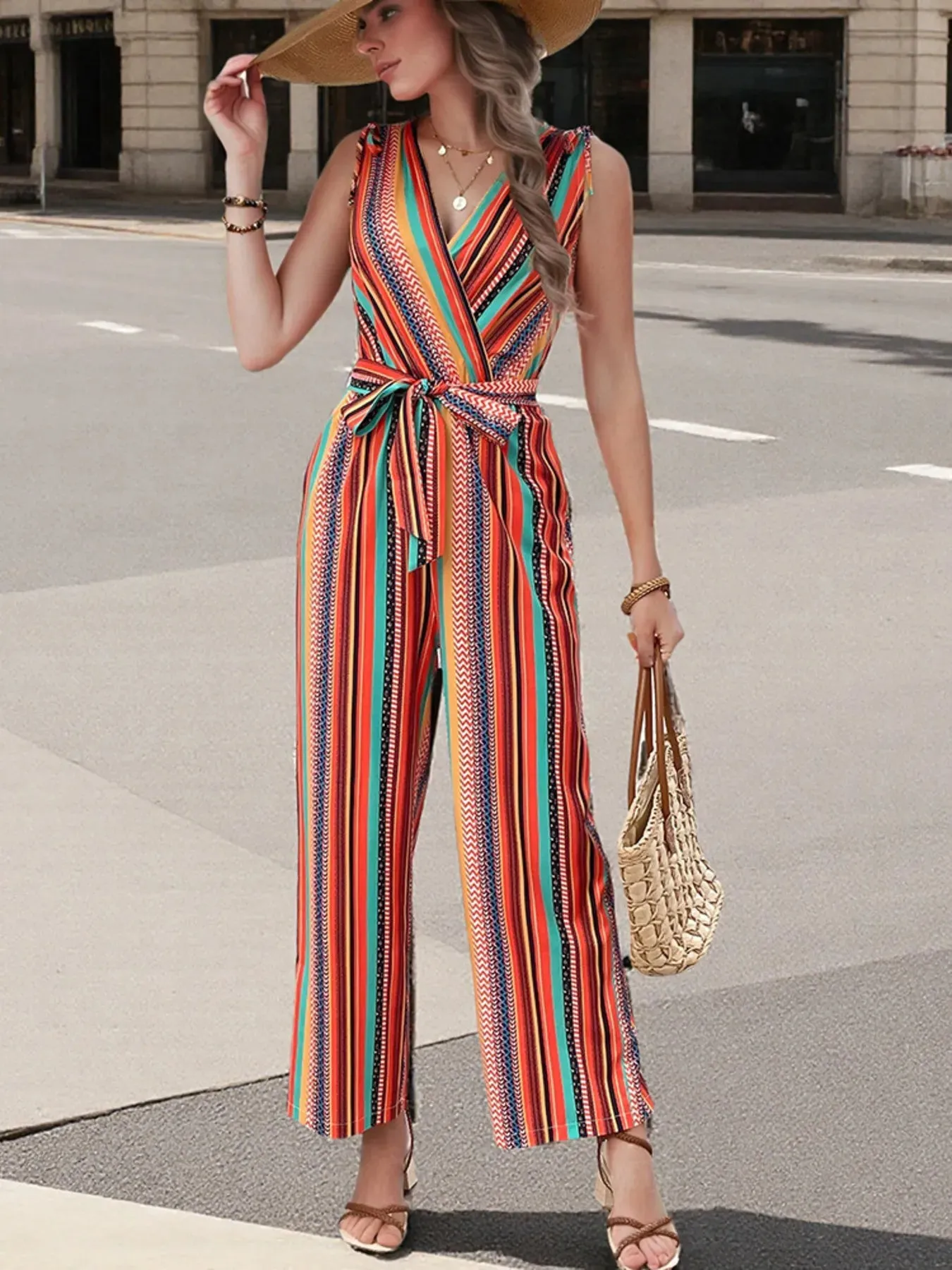 Striped Sleeveless Tie Waist Jumpsuit sold by Charming Charlie product image thumbnail 4