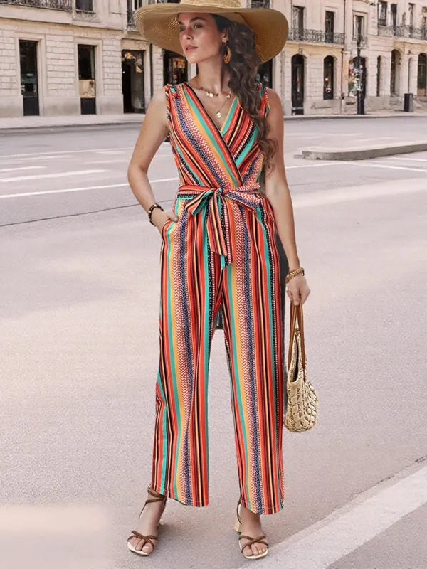 Striped Sleeveless Tie Waist Jumpsuit sold by Charming Charlie