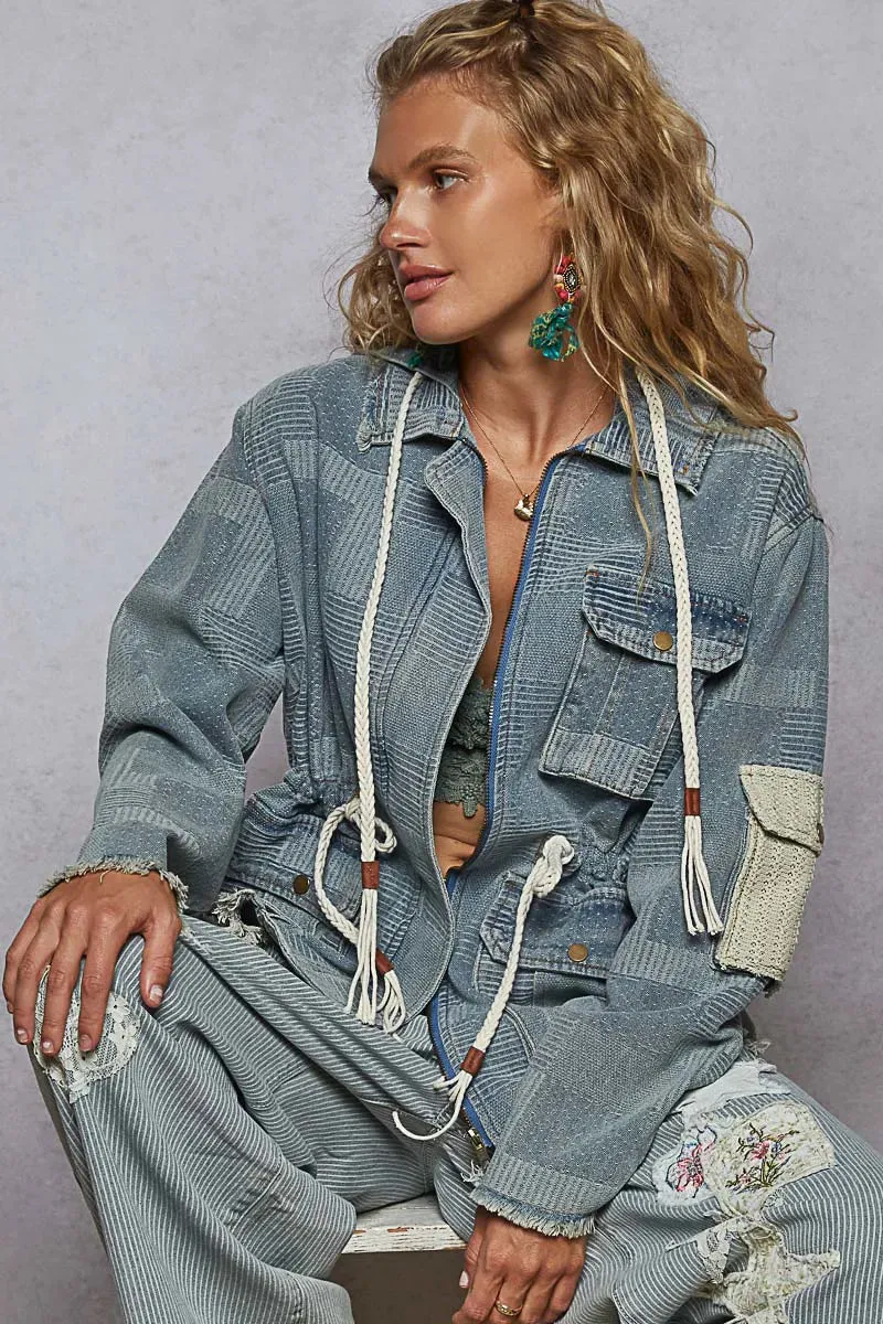 POL Raw Hem Drawstring Zip Up Hooded Denim Jacket sold by Charming Charlie
