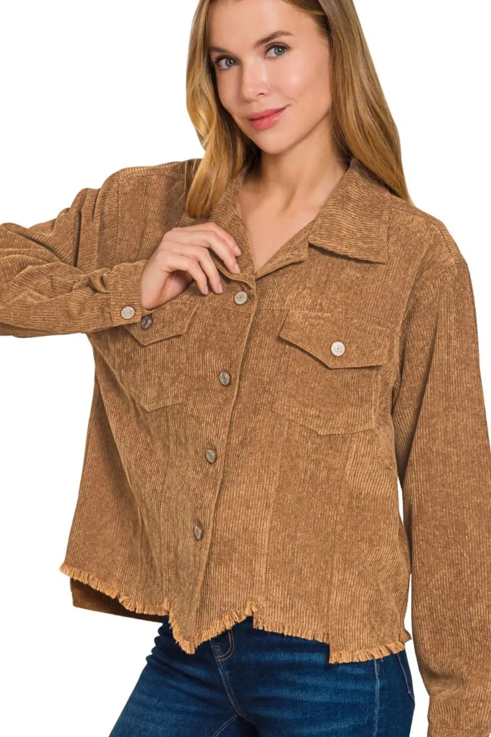 Zenana Distressed Corduroy Frayed Hem Cropped Jacket sold by Charming Charlie