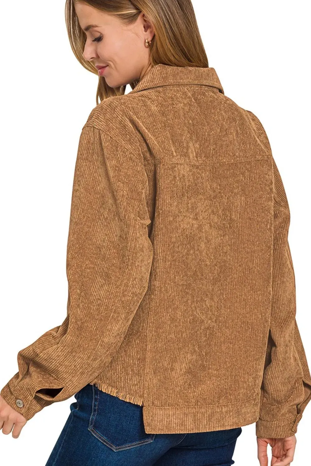 Zenana Distressed Corduroy Frayed Hem Cropped Jacket sold by Charming Charlie product image thumbnail 3