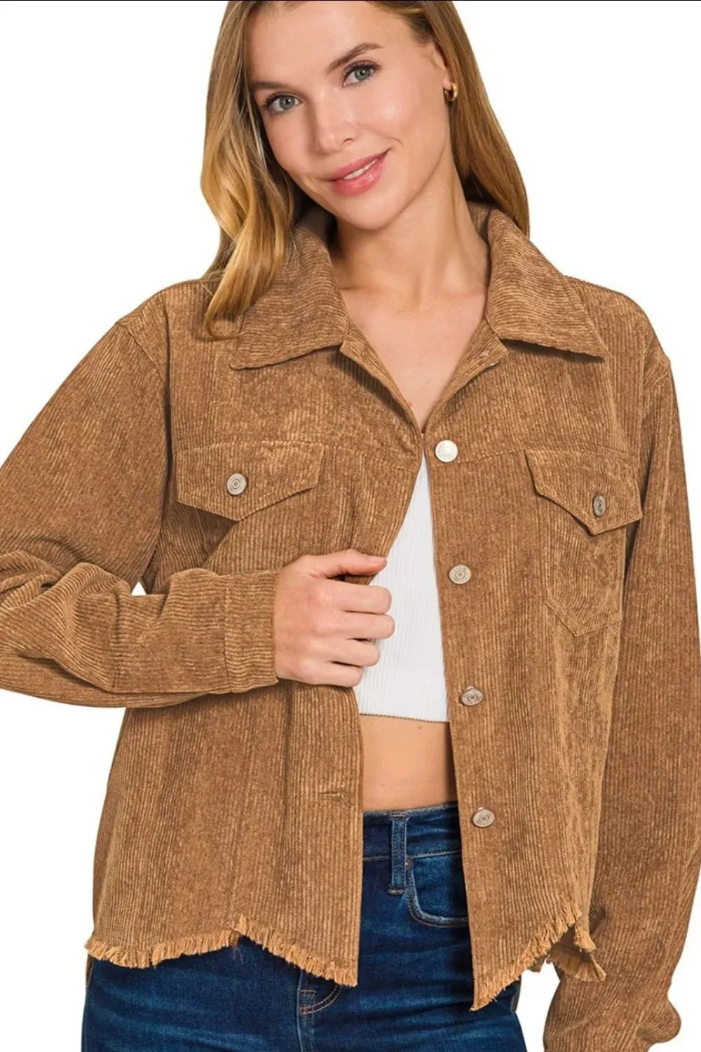 Zenana Distressed Corduroy Frayed Hem Cropped Jacket sold by Charming Charlie product image thumbnail 2