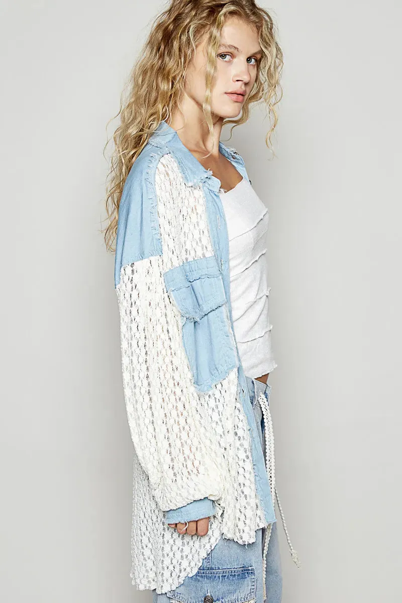 POL High-Low Denim Patchwork Lace Shirt sold by Charming Charlie product image thumbnail 3