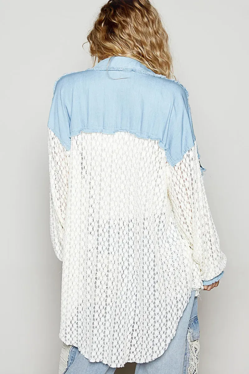 POL High-Low Denim Patchwork Lace Shirt sold by Charming Charlie product image thumbnail 4