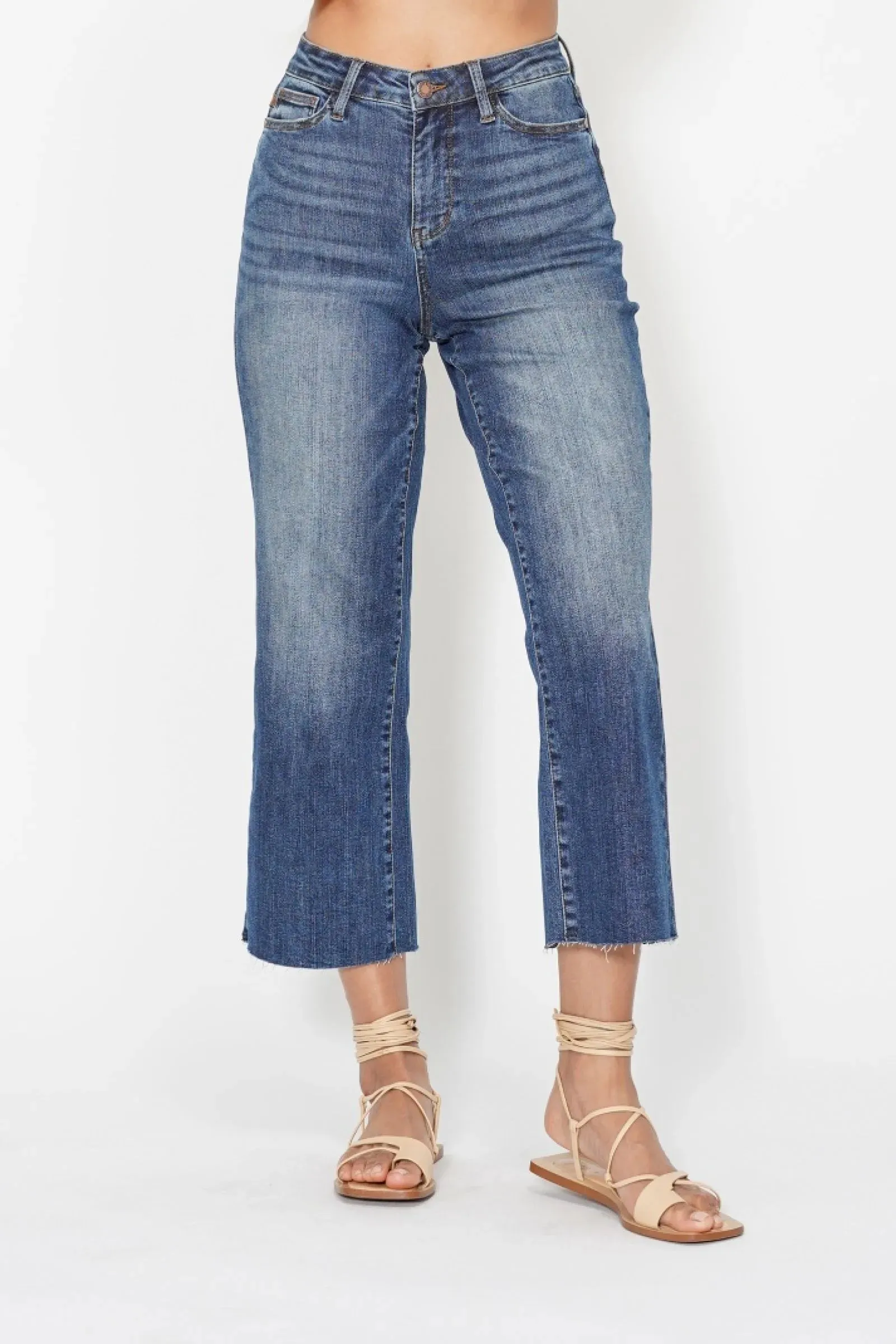 Judy Blue High Waist Back Pocket Embroidery Crop Wide Jeans sold by Charming Charlie