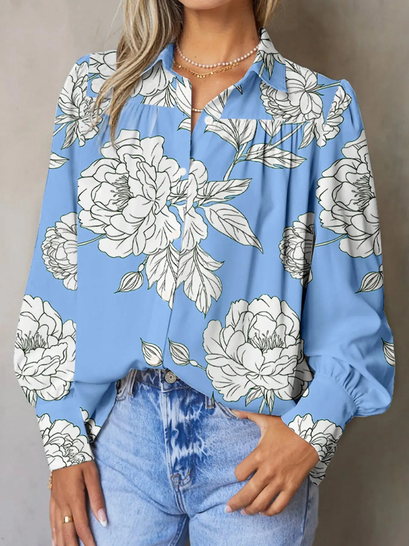 Floral Print Button Up Pleated Detail Puff Sleeve Shirt sold by Charming Charlie