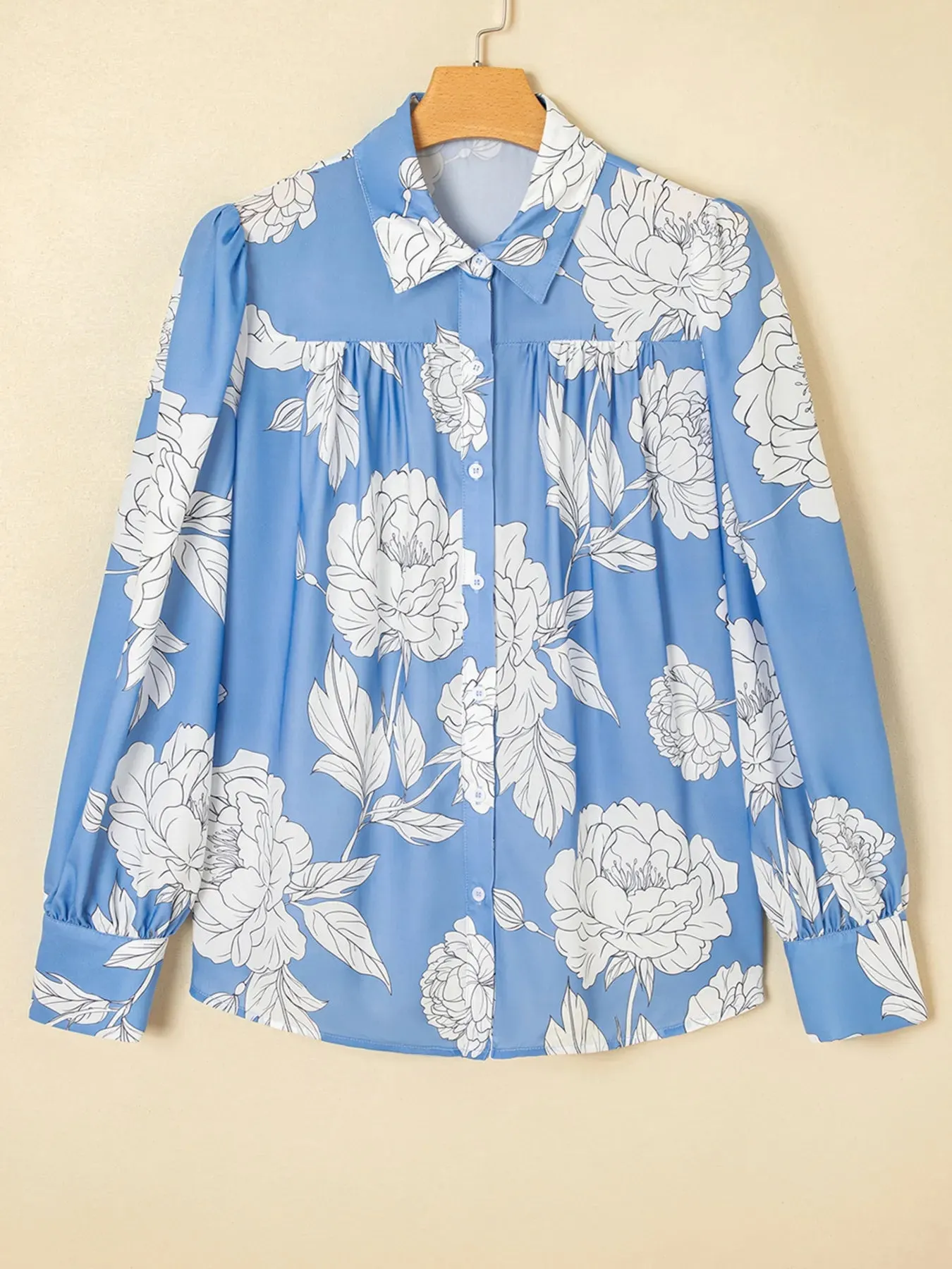 Floral Print Button Up Pleated Detail Puff Sleeve Shirt sold by Charming Charlie product image thumbnail 2