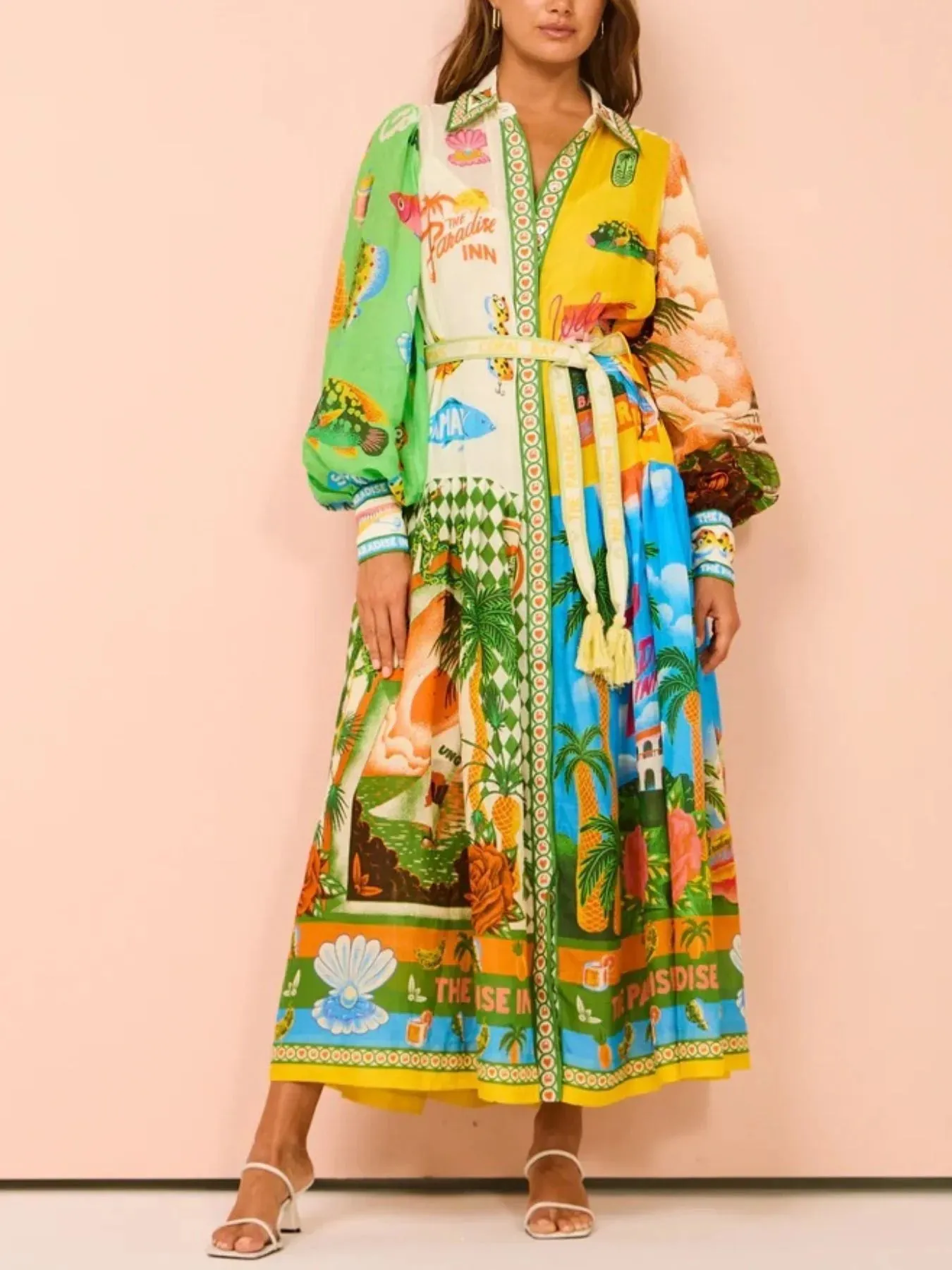 Printed Lantern Sleeve Midi Shirt Dress sold by Charming Charlie product image thumbnail 3