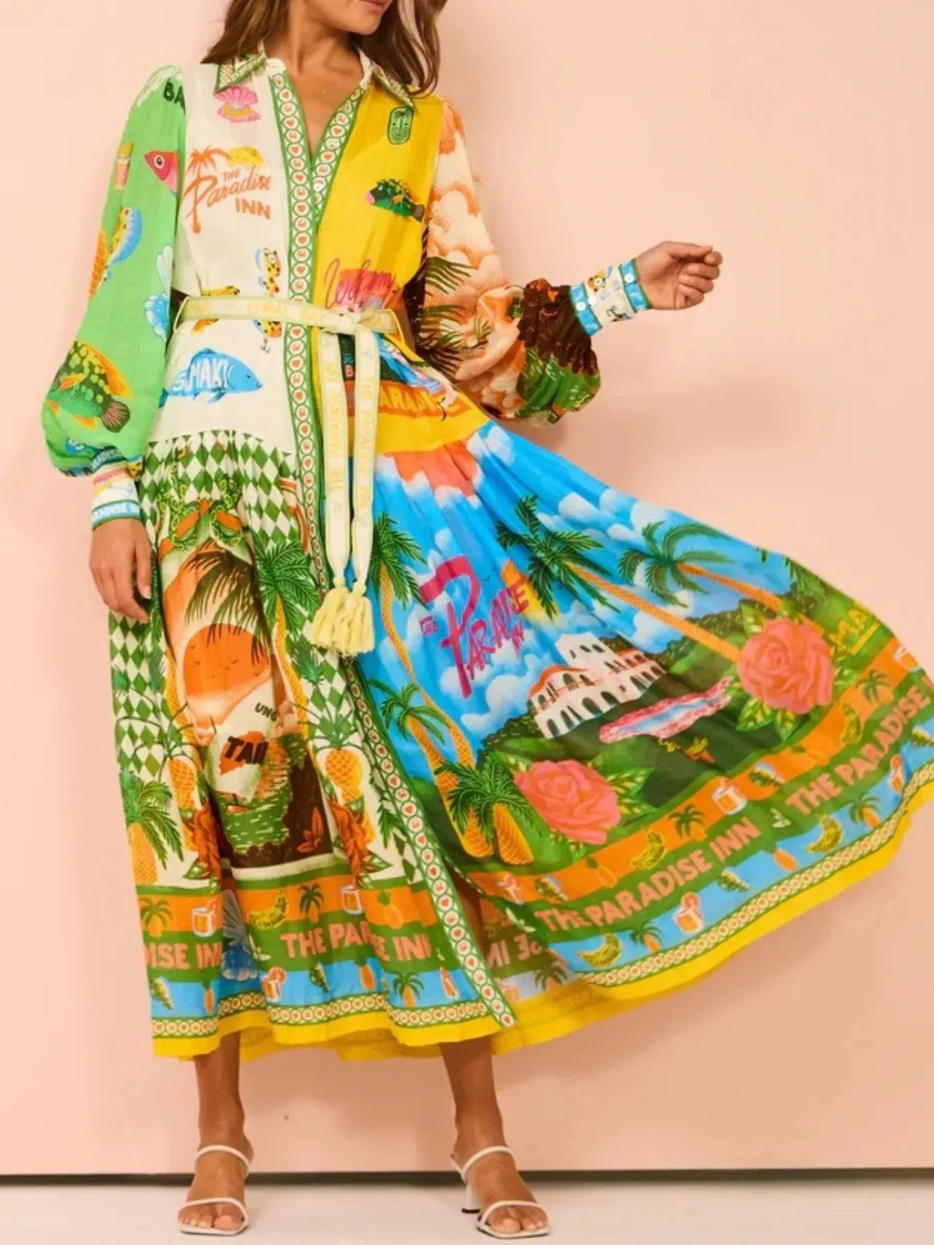 Printed Lantern Sleeve Midi Shirt Dress sold by Charming Charlie