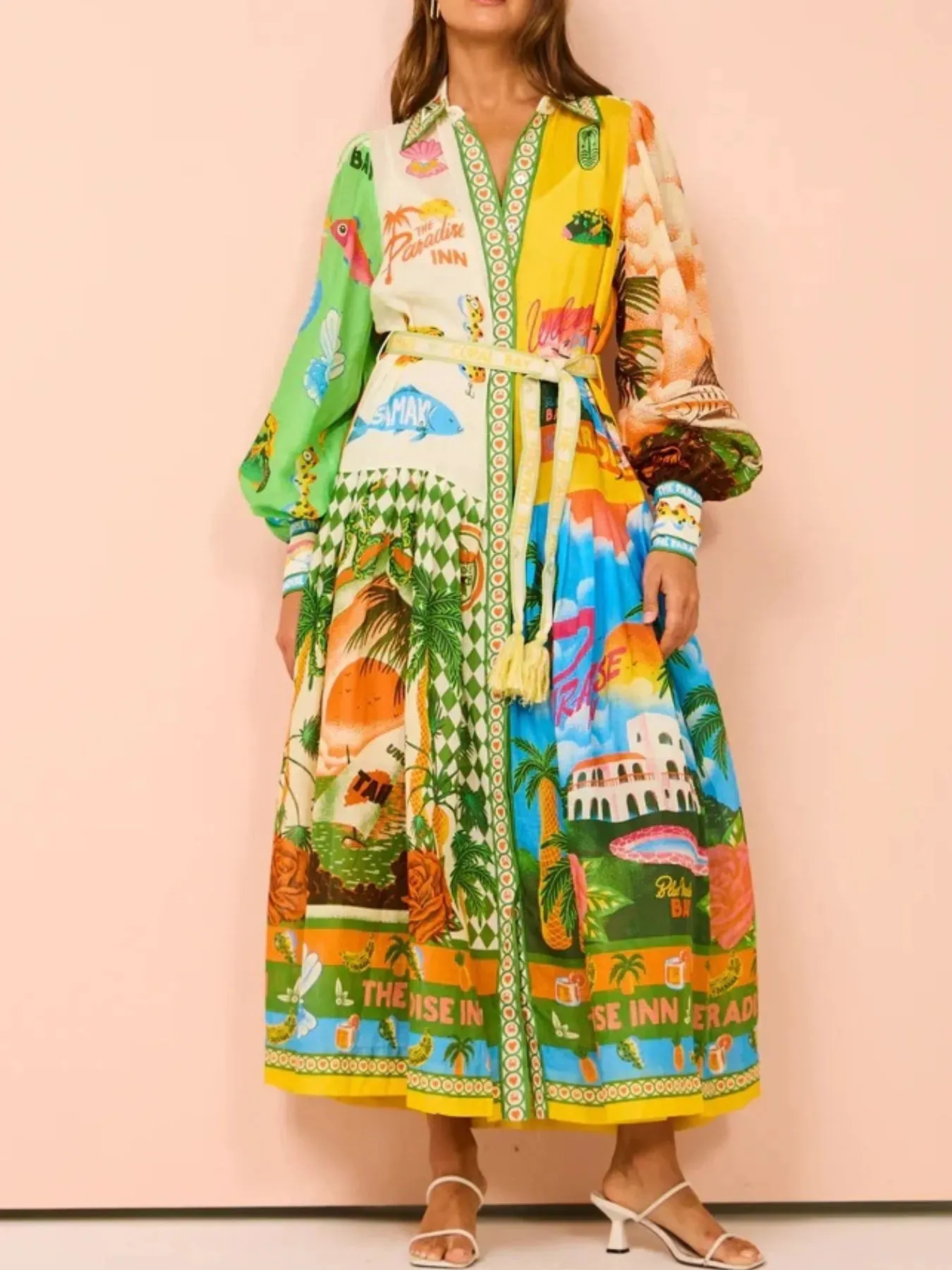 Printed Lantern Sleeve Midi Shirt Dress sold by Charming Charlie product image thumbnail 5