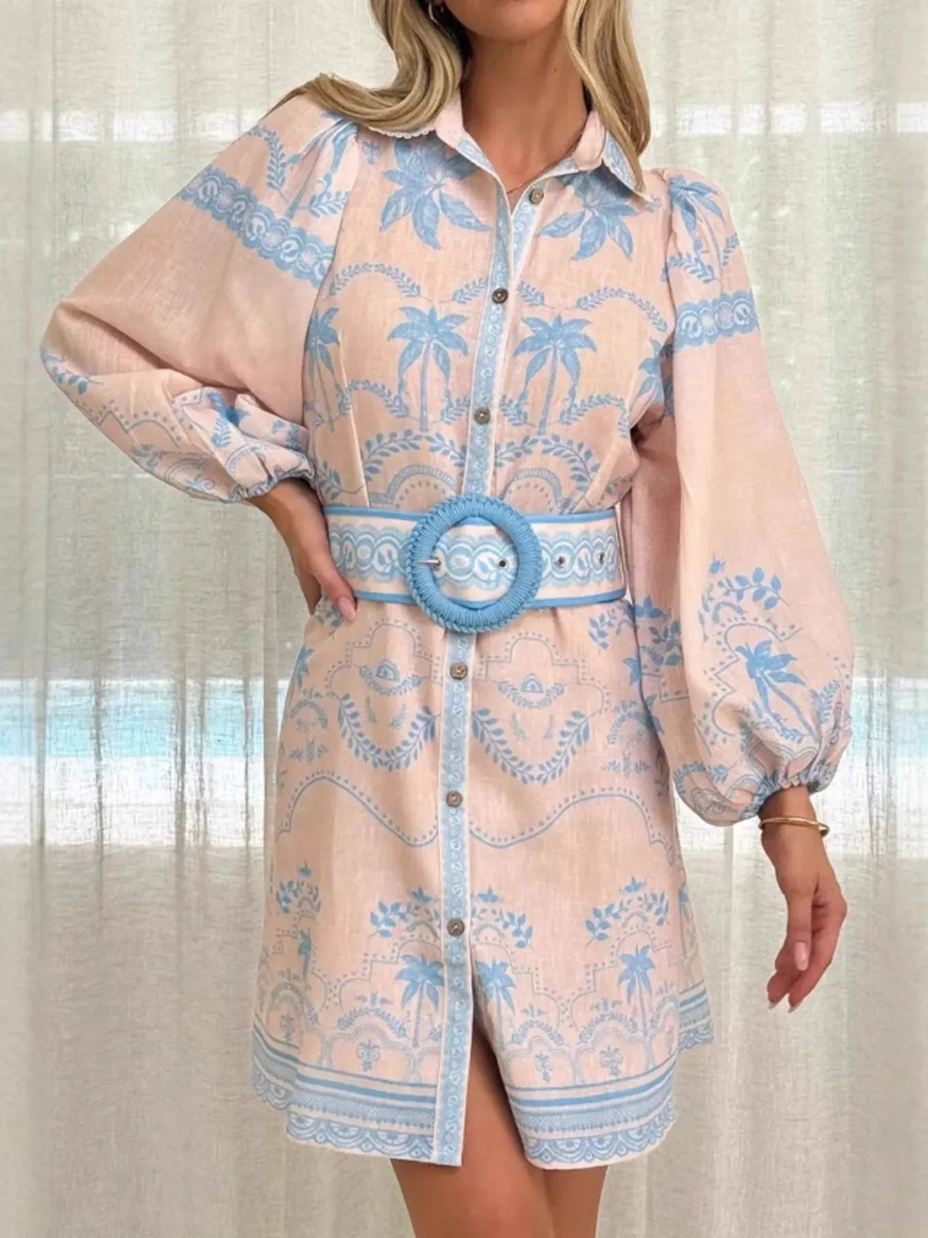 Printed Button Down Shirt Dress with Belt sold by Charming Charlie