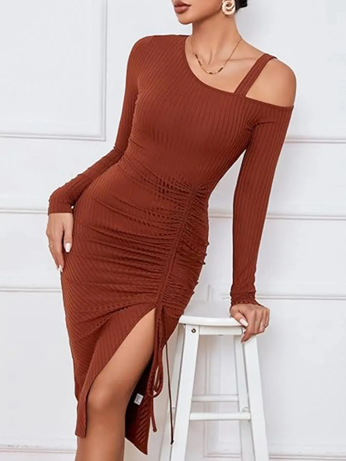 Ruched Asymmetrical Neck Ribbed Bodycon Dress sold by Charming Charlie