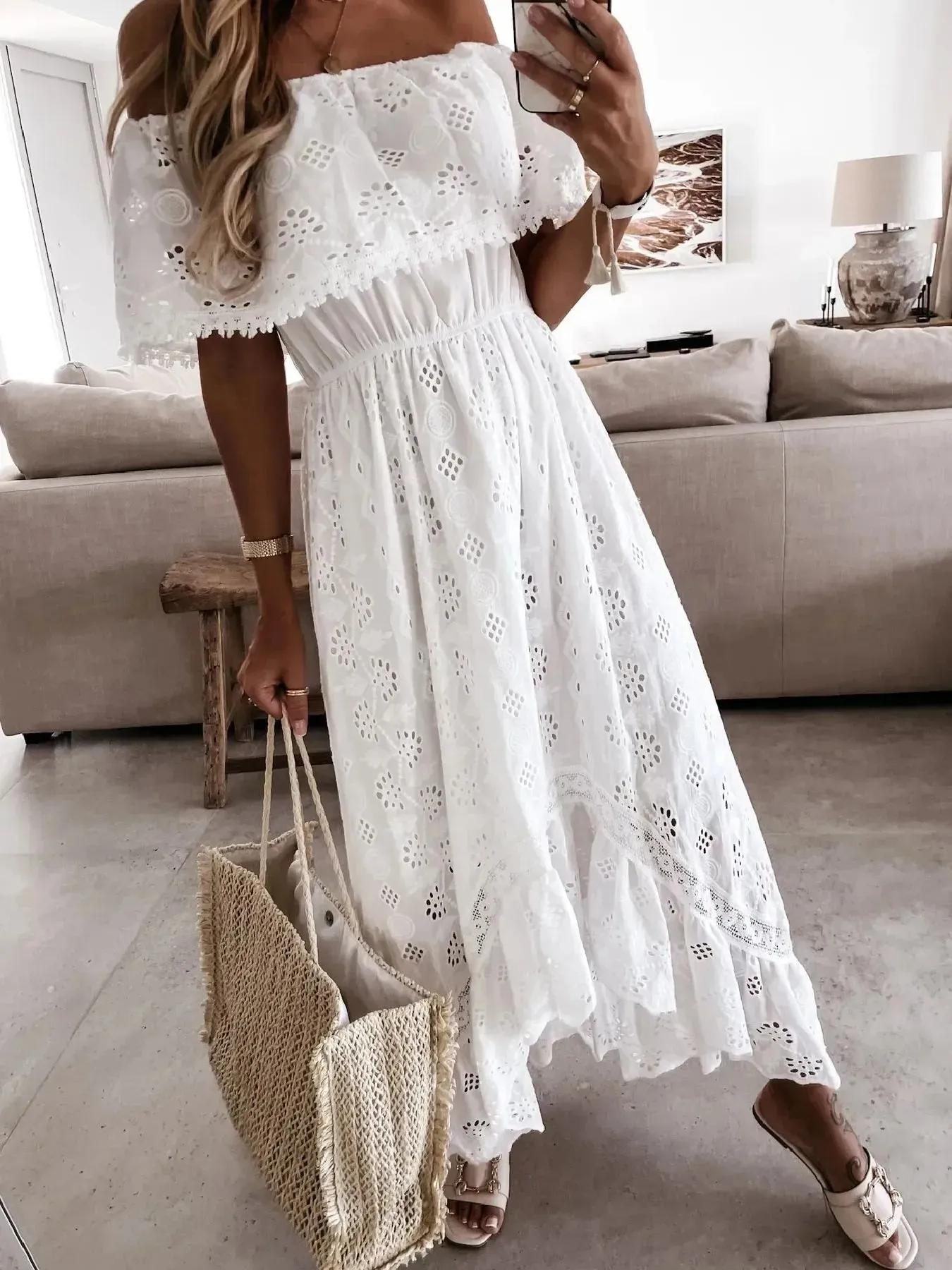 Eyelet Ruffled Hem Off-Shoulder Dress sold by Charming Charlie product image thumbnail 3