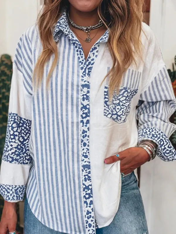 Striped Patchwork Button Down Shirt with Leopard Print Details sold by Charming Charlie